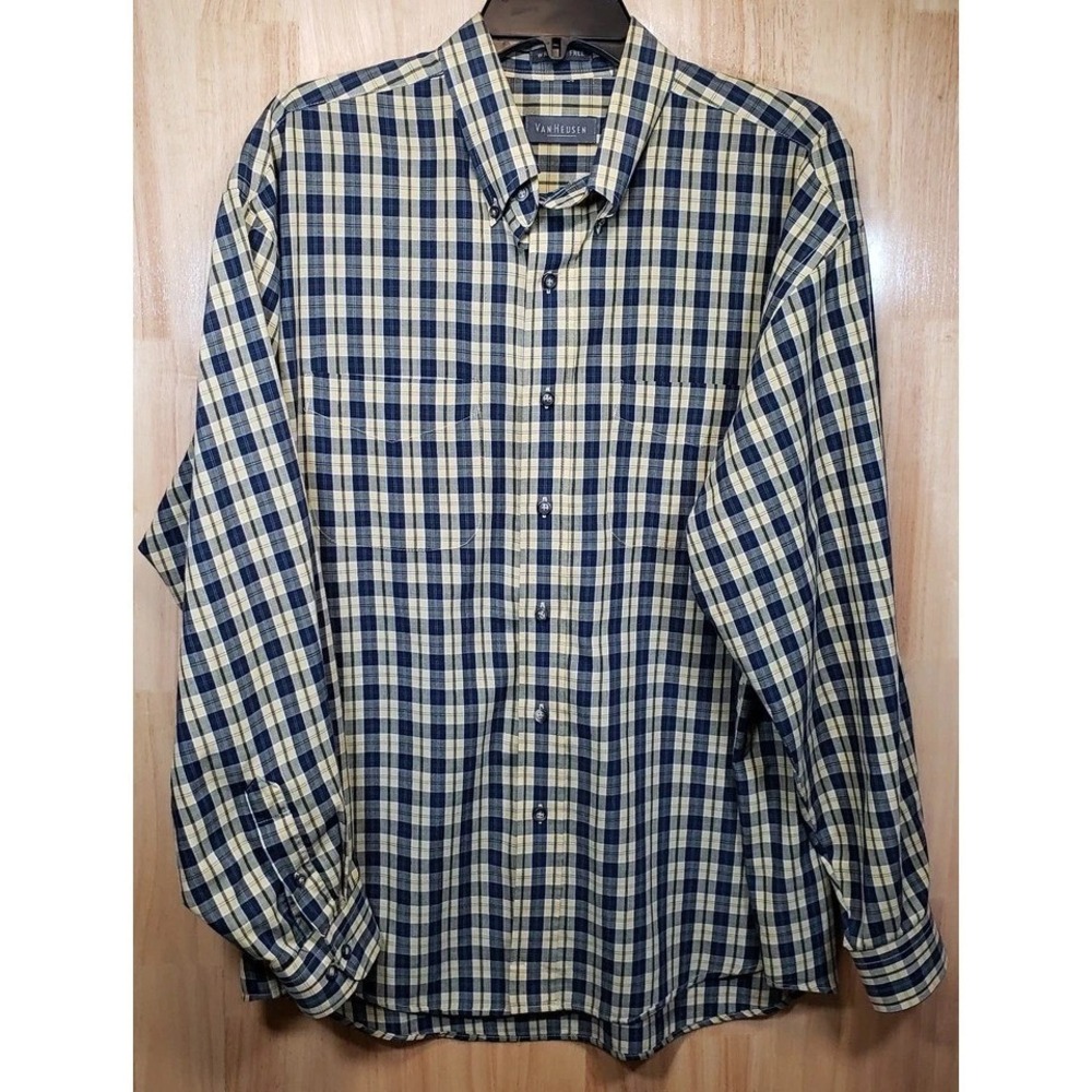 Van Heusen Men's L 16-16.5 WRINKLE-FREE Plaid Button Up Yellow Navy Dress Shirt